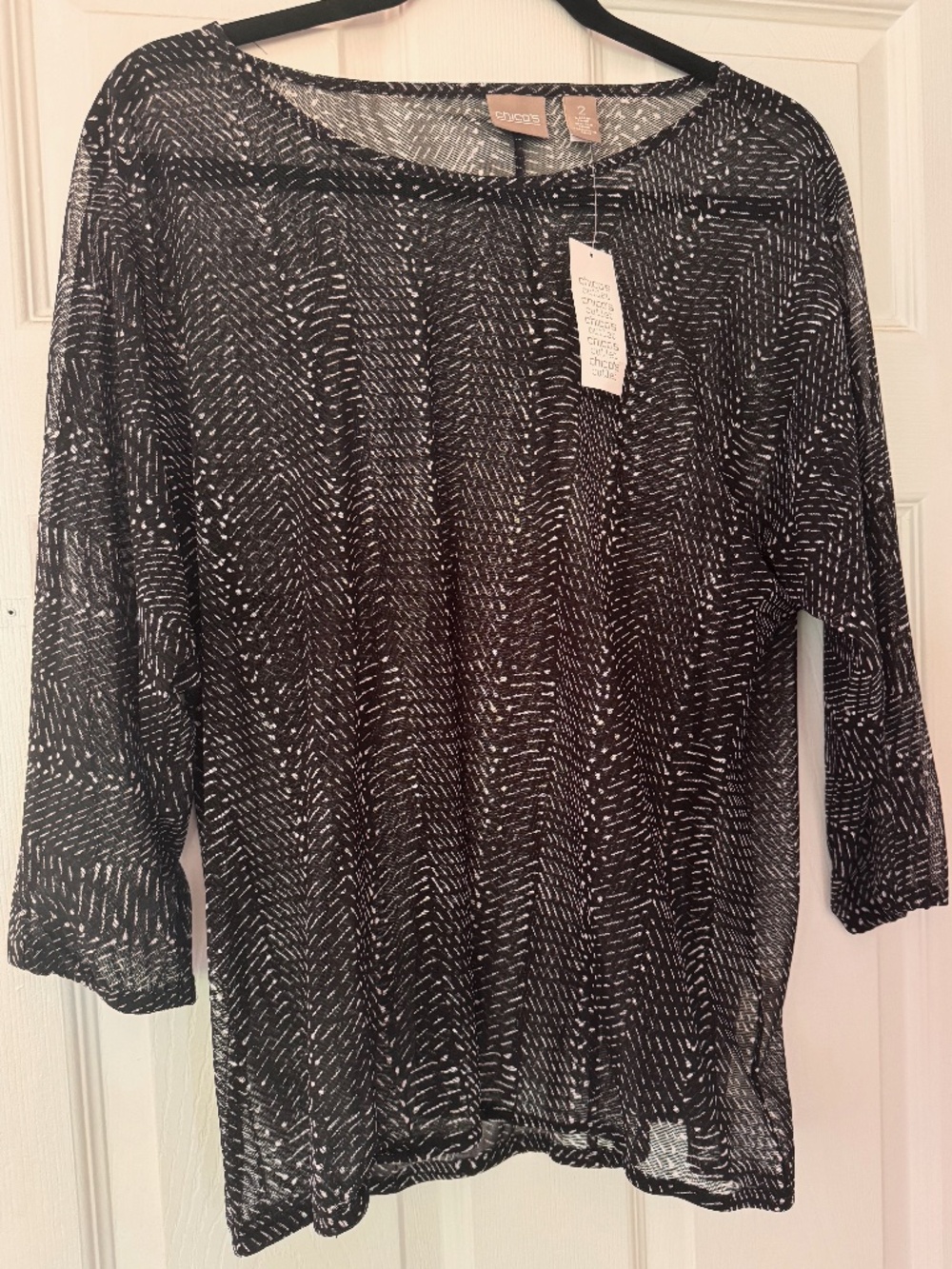 Chico's NWT Sheer Black & White Print Mesh Blouse, 3/4 Sleeve, Size 2 (US 12/L)